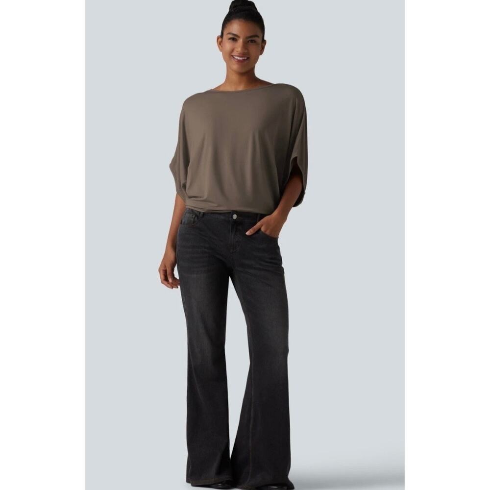 NWT! Halara Taupe Brown Round Neck Batwing Sleeve Relaxed Top M - Picture 5 of 5